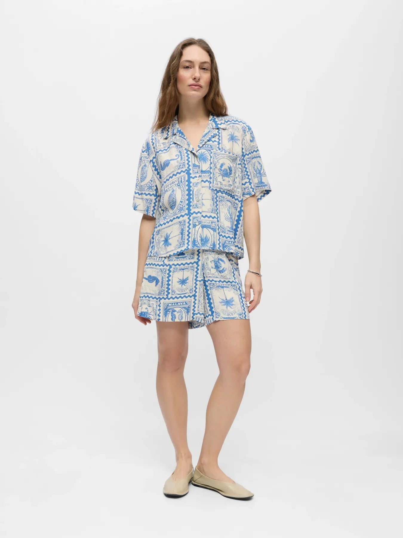 Heliotique Postcard Stamp Relaxed Fit Shirt - Blue
