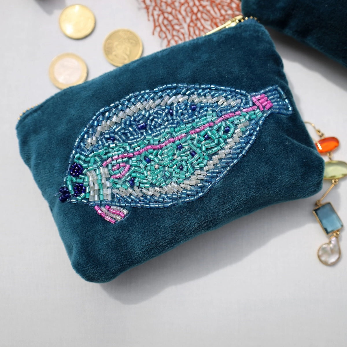 Heliotique Velvet Beaded Flat Fish Coin Purse