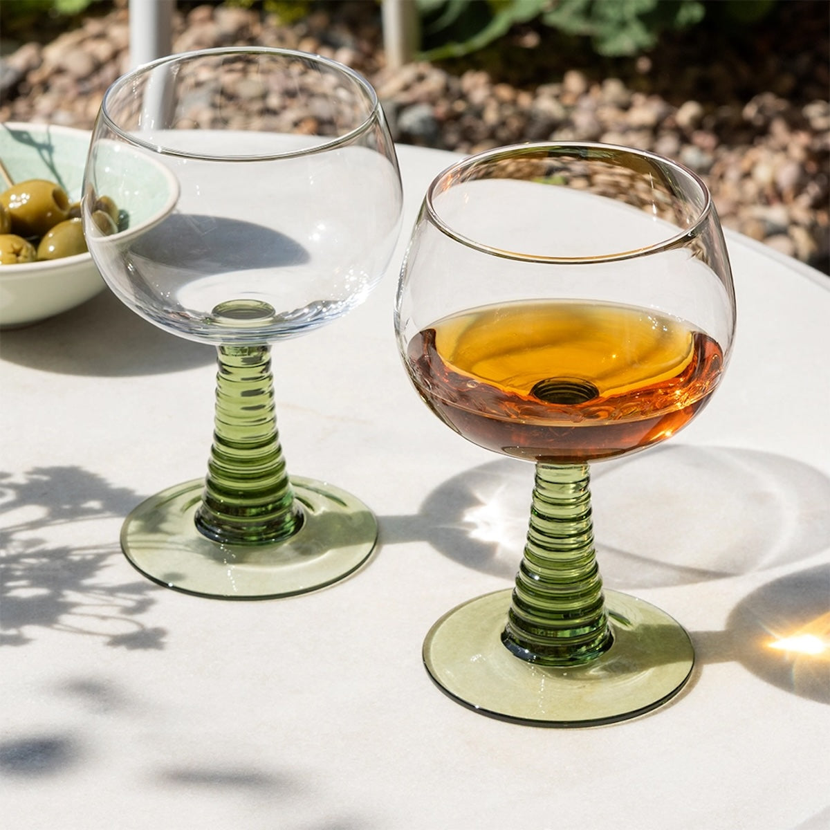 Set of Two Retro Roemer-Style Wine Glasses - Olive