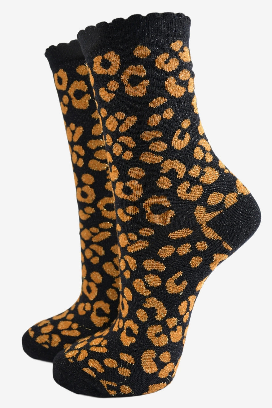 Heliotique Leopard Glitter Socks - Black / Orange