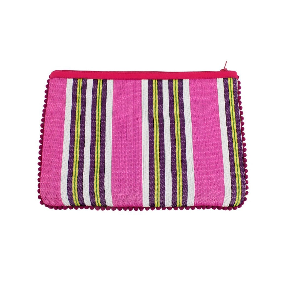 Recycled Woven Pom Pom Pouch - Pink