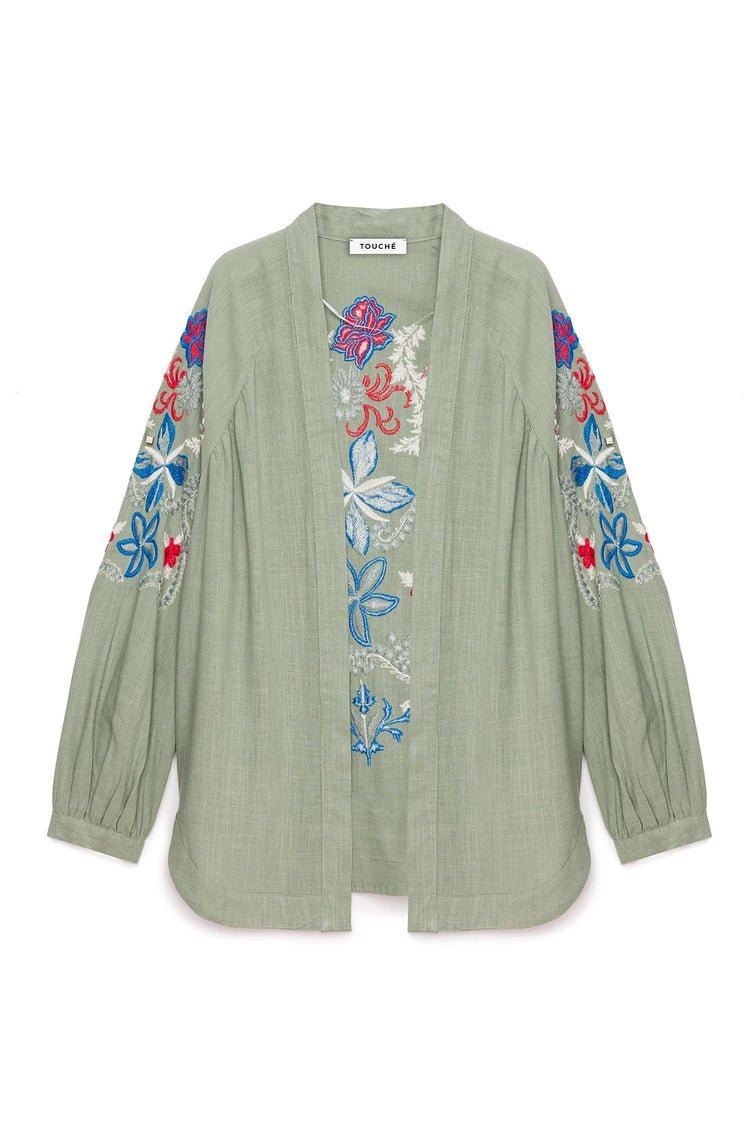 Heliotique | Embroidered Linen Kimono Jacket - Sage Green