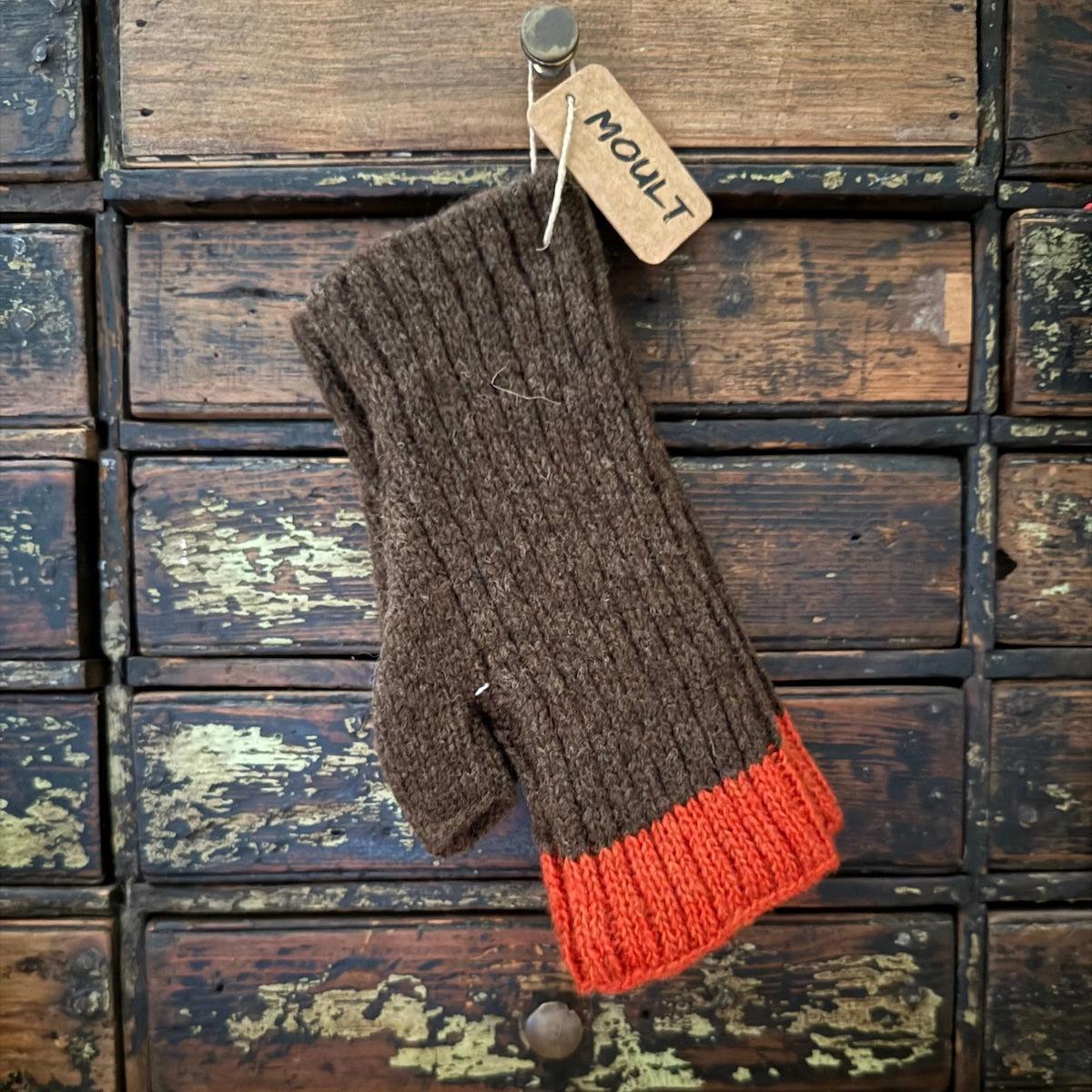 Ribbed Wool Fingerless Mittens - Chocolate