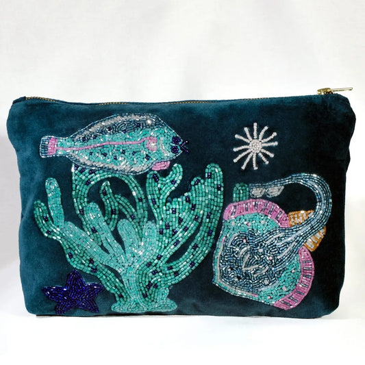 Heliotique Velvet Beaded Flat Fish & Skate Pouch