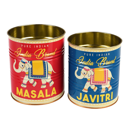 Two retro style storage tins with an Indian style Masala and Javitri design by Rex London