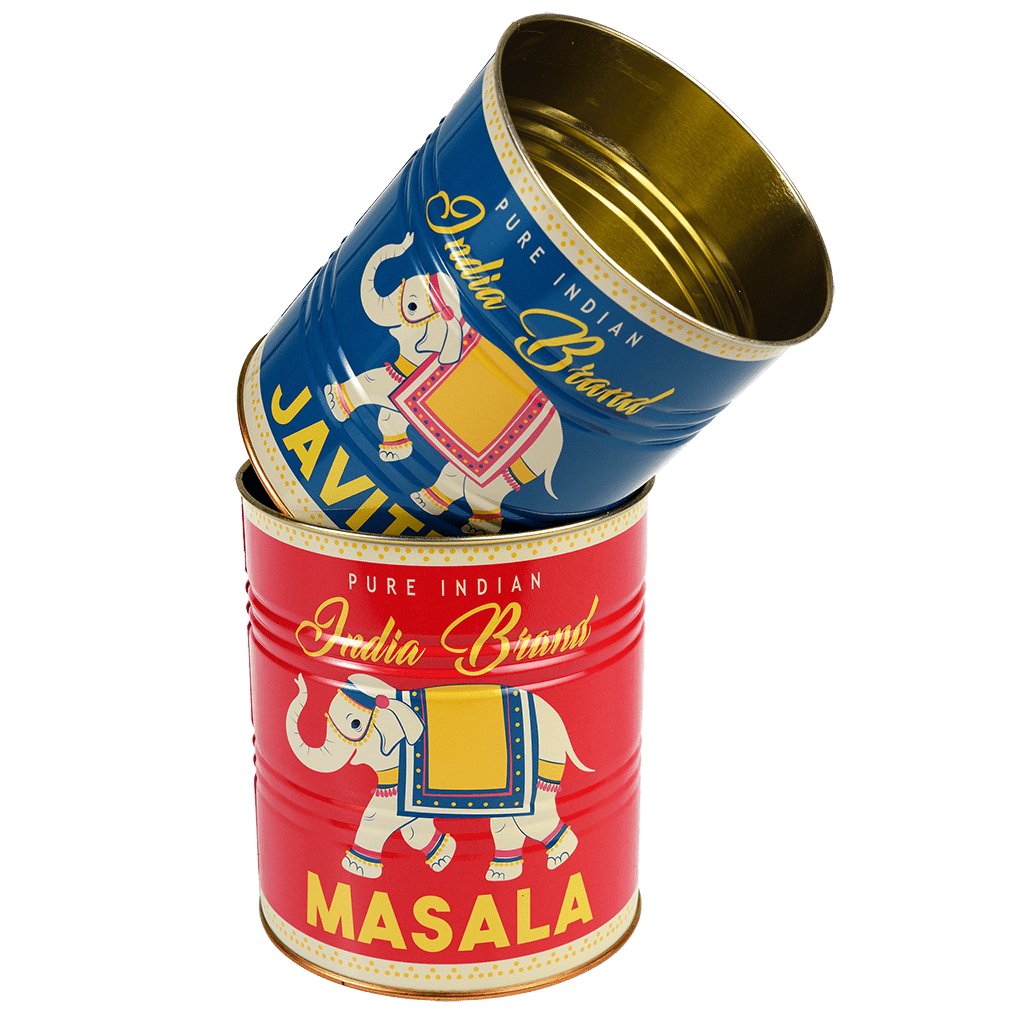 Two retro style storage tins with an Indian style Masala and Javitri design by Rex London