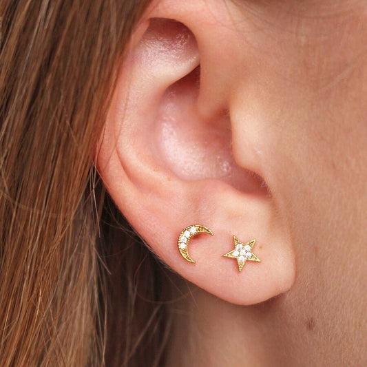 Heliotique | Lisa Angel Moon and Star Crystal Stud Earrings - Gold