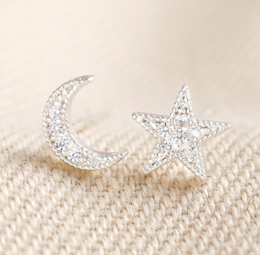 Moon and Star Crystal Stud Earrings - Silver