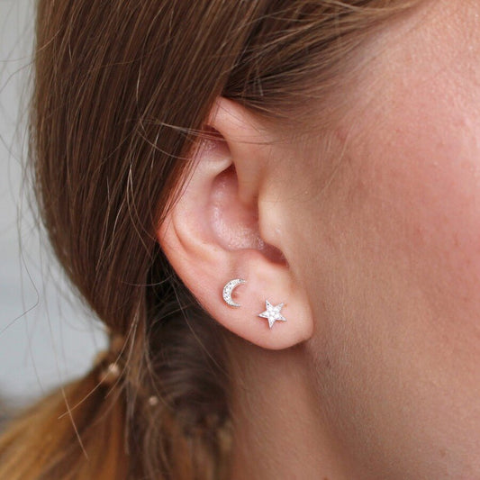 Heliotique | Lisa Angel Moon and Star Crystal Stud Earrings - Silver
