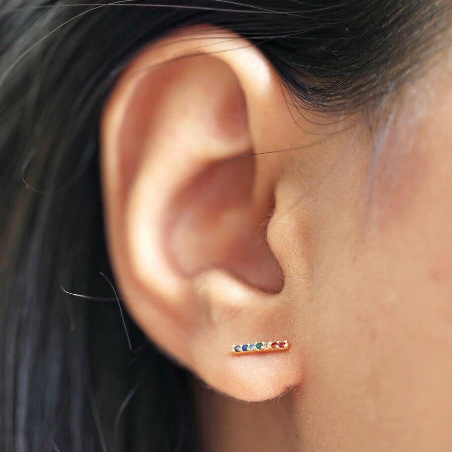 Heliotique | Lisa Angel Rainbow Crystal Bar Stud Earrings - Gold