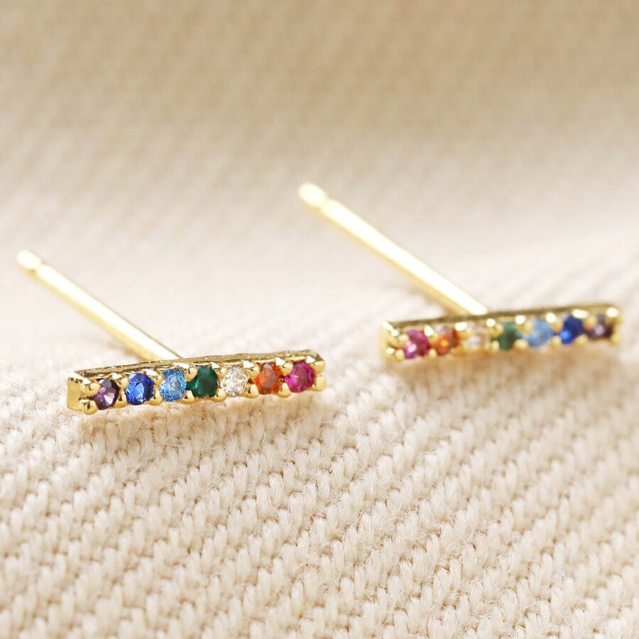 Heliotique | Lisa Angel Rainbow Crystal Bar Stud Earrings - Gold