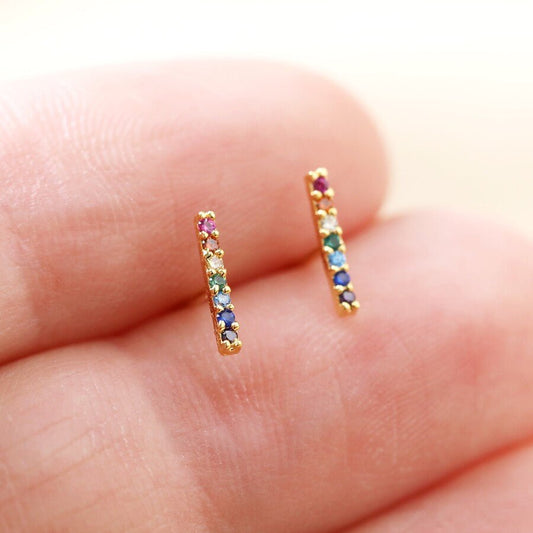 Heliotique | Lisa Angel Rainbow Crystal Bar Stud Earrings - Gold