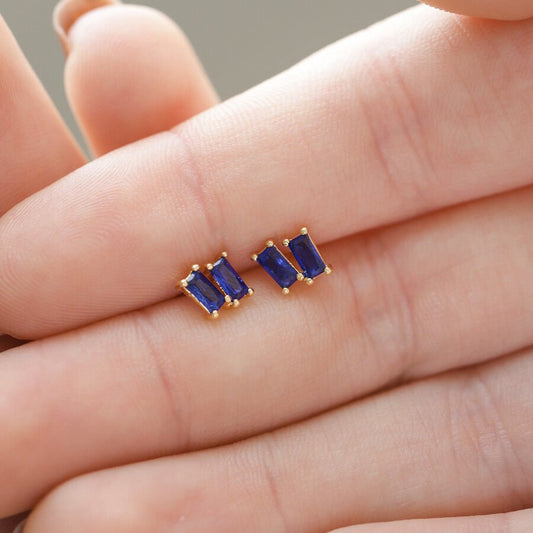 Heliotique | Lisa Angel Sapphire Blue Stone Stud Earrings - Gold